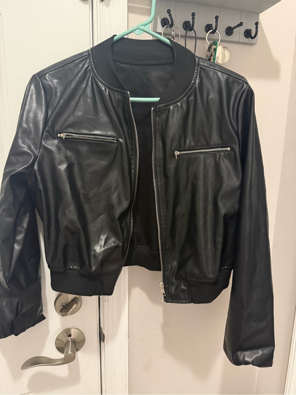 Classic Black Faux Leather Bomber Jacket - Women's